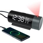 Techtic Projeksiyon Saat Silindir 180 Derece Çift Alarm Sıcaklık-Saat Yansıtmalı Çalar Saat Telefon Şarjı