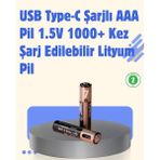 Techugo USB Type-C Şarjlı Aaa Lityum Pil 1000+ Şarj Döngüsü ile Uzun Ömür - 1 Adet