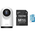 Tecno TH300 Beyaz 3MP 2K Ultra HD Güvenlik Kamerası + 64 GB 100 MB/s Micro SD Hafıza Kartı ve Adaptörü