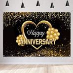 Tecreo Happy Anniversary "Happy Birthday" (İngilizce) yazılı yıl dönümü dekorasyonu, yıl dönümü kutlaması, kumaş levha, afiş, düğün partisi arka planı, siyah altın yıl dönümü posteri, 1,5 m