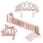 Tecreo Kadınlar için doğum günü tacı ve kuşak, pembe altın, doğum günü kraliçesi, Birthday Queen kuşak ve suni elmas taç seti, pasta süslemeli doğum günü süsleri, hediyeler 30. 40. 50. 60. doğum günü