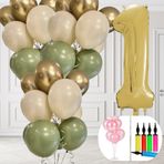 Tedaks 1 Yaş Balon Standlı Ve Pompalı Retro Küf Yeşili Krom Gold Kum Beji Balon Seti Gold Rakam Süsleme