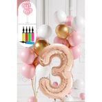 Tedaks 3 Yaş Balon Standlı Ve Pompalı Retro Gold Pembe Beyaz Balon Seti Rose Gold Rakamlı Süsleme