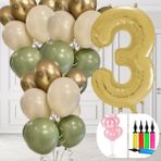 Tedaks 3 Yaş Balon Standlı Ve Pompalı Retro Küf Yeşili Krom Gold Kum Beji Balon Seti Gold Rakam Süsleme