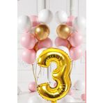 Tedaks 3 Yaş Retro Gold Pembe Beyaz Balon Seti Gold Rakamlı Doğum Günü Balonu Şık Parti Süsleme