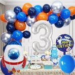 Tedaks 3 Yaş Uzay Temalı Doğum Günü Seti Uzay Mekiği Happy Birthday Yazı Renkli Balonlar Gümüş Folyo Rakam