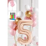 Tedaks 5 Yaş Balon Standlı Ve Pompalı Retro Gold Pembe Beyaz Balon Seti Rose Gold Rakamlı Süsleme