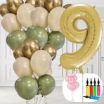 Tedaks 9 Yaş Balon Standlı Ve Pompalı Retro Küf Yeşili Krom Gold Kum Beji Balon Seti Gold Rakam Süsleme