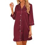 Teemie Kadın gecelik V yaka saten gece elbisesi gecelik pijama 3/4 kollu uyku tişörtü düğme şeridi emzirme geceliği gecelik pijama tişörtü Nursing düğmeli S-XXL, Burgund, S
