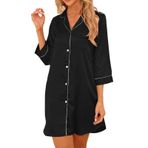 Teemie Kadın gecelik V yaka saten gece elbisesi gecelik pijama 3/4 kollu uyku tişörtü düğme şeridi emzirme geceliği gecelik pijama tişörtü Nursing düğmeli S-XXL, Siyah, S