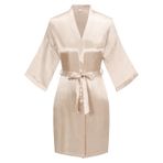Teemie Kadın saten bornoz ipek elbiseler saf kısa Kimono pijama gelin nedime düğün parti elbiseler Loungewear, Boz Kahverengi, S