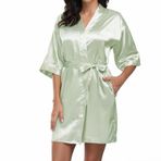 Teemie Kadın saten kimono elbise saf kısa ipeksi bornoz pijama nedime gelin parti elbiseler cepler ile, Su Yeşili, XL