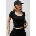 Teenage Millionaire Kadın Beyaz U Yaka Kısa Kollu Fitilli Kaşkorse Body T-shirt
