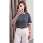 Teenage Millionaire Kadın Gri Beyaz Biye Garnili Orta Kalın Soft Kumaş Bisiklet Yaka Yarım Oversize Salaş T-shirt