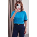 Teenage Millionaire Kadın Mavi Lacivert Biye Garnili Orta Kalın Soft Kumaş Bisiklet Yaka Yarım Oversize Salaş T-shirt