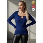 Teenage Millionaire Kadın Saks Mavi Armut Yaka Çengel Detaylı Kancalı Uzun Kollu Fitilli Extra Soft Yumuşak Bluz Body