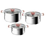 Tefal OptiSpace set 3 tencere + 3 kapak, 18, 20 ve 24 cm, paslanmaz çelik, 3 düz kapak, kaymaz soğuk saplar, ölçü işaretleri, tüm ocak türleri