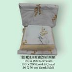 Tek Kişilik Pamuklu Nevresim Takımı / Lastikli Çarşaflı Set - Beyaz - Altın - 160 x 200 cm