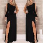 Tek Omuz Açık Derin Yırtmaçlı Krep Tam Boy Elbise - L - XL - Siyah