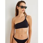 Tek Omuz Bikini Üstü Taşlı Metal Toka Detaylı Mat Kumaş Dokulu