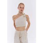Tek Omuz Crop Keten Bluz Naturel
