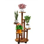 Tekerlekli Çiçeklik 5 Raflı Saksılık Dekoratif 5 Raflı Çiçeklik Doğal Ahşap Saksılık Çiçek Rafı Daire Model