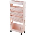 Tekerlekli Mobil Kitaplık - 5 Katlı Ayakta Raf Ünitesi Yuvarlanan Dergi Rafı Tekerlekli Kitap Arabası - Yardımcı Rolling Cart Tasarruf Rafları - Kitap ve Dergileri Düzenleyin ve Görüntüleyin, Pembe