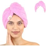 Tekli Paket Mikrofiber Saç Havlusu – 2 Düğmeli Saç Kurutma Bonesi – Baş Havlusu - Pembe - 26 x 65 cm