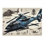 Teknik Helikopter Çizimi Desenli Ahşap Tablo 50cmX 70cm