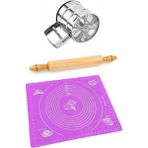 Tekno Trust Hamur Açma Seti / Silikon Hamur Matı + Merdane 43 cm + Un Eleği - Ahşap