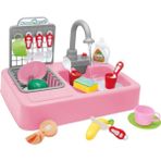 Tekno Trust Pembe Mutfak Lavabo Seti Su ile Çalışır Çocuk Bulaşık Yıkama Çeşmeli Su Akar Oyuncak - Ahşap - 0