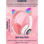 TeknoBeyza Kedi Kulak Tasarımlı Kablosuz Çocuk Kulaklığı - Rgb Ledli, Mikrofonlu ve Sd Kart Girişli - Pembe