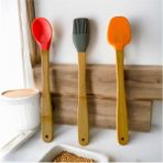 TeknoKapsül 3 Adet 21 cm Pastel Renk Bambu Saplı Mini Silikon Pişirme Seti, (Kaşık,fırça,spatula),pastel
