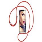 Teknomoda Realme 5i Uyumlu Kılıf Boyun - Omuz Askılı Köşe Korumalı Kırmızı Ipli Şeffaf Silikon