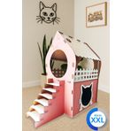teknomooji 3XL Kedi Evi – Pembe Beyaz, Merdivenli, İki Katlı MDF, 91×92×52 cm