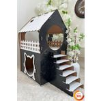 teknomooji 3XL Kedi Evi – Siyah Mermer Beyaz, Merdivenli, İki Katlı MDF, 91×92×52 cm