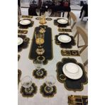 Teksev Başak Siyah Gold Masa Örtüsü 6 Kişilik 19 Parça Runner Seti Nakışlı Deri Yemek Sunum Takımı