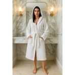 Tekstil Stokları Kapüşonlu Cepli Unisex Kadın Erkek %100 Pamuk Pike Bornoz - L - XL - Beyaz