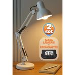 Telvesse 2li SET Masa Lambası + Kronometreli Öğrenci Saati Akrobat Metal 360° Çalışma Masası Lambası Beyaz