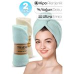 Telvesse 2li Set Mikrofiber Saç Havlusu Plaj Deniz Havuz Bonesi Banyo Saç Kurutma Baş Havlusu Krem-Turkuaz - S - L