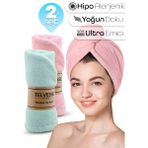 Telvesse 2li Set Mikrofiber Saç Havlusu Plaj Deniz Havuz Bonesi Banyo Saç Kurutma Baş Havlusu Turkuaz-Pembe - S - L