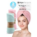 Telvesse 2li Set Mikrofiber Saç Havlusu Plaj Deniz Havuz Bonesi Banyo Saç Kurutma Baş Havlusu Turkuaz-Pembe
