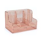 Temel Rose Gold Metal Mesh Masaüstü Organizer Çekmeceli Çok Bölmeli 25x17x16 Cm 9527r Pembe