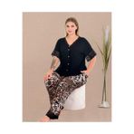 Temporium Kadın Büyük Beden Baskılı Desenli Cepli Likralı Penye Kısa Kollu Pijama Takımı