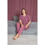 Temporium Kadın Büyük Beden Desenli Yakası Dantelli Düğmeli Kısa Kollu Bambu Pijama Takımı - 2XL - Mürdüm - Siyah