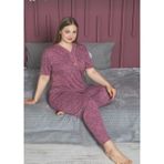 Temporium Kadın Büyük Beden Desenli Yakası Dantelli Düğmeli Kısa Kollu Bambu Pijama Takımı - Mürdüm - Ekru - 6XL