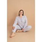 Temporium Kadın Büyük Beden Desenli Yakası Düğmeli Uzun Kollu Bambu Pijama Takımı - Açık Pudra - 4XL
