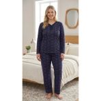 Temporium Kadın Büyük Beden Desenli Yakası Düğmeli Uzun Kollu Bambu Pijama Takımı - Lacivert - 4XL
