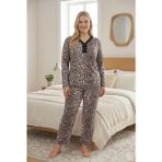Temporium Kadın Büyük Beden Desenli Yakası Düğmeli Uzun Kollu Bambu Pijama Takımı - Leopar - 3XL