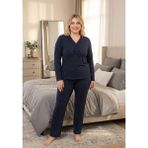 Temporium Kadın Büyük Beden Desenli Yakası Düğmeli Uzun Kollu Bambu Pijama Takımı - Mavi - 4XL